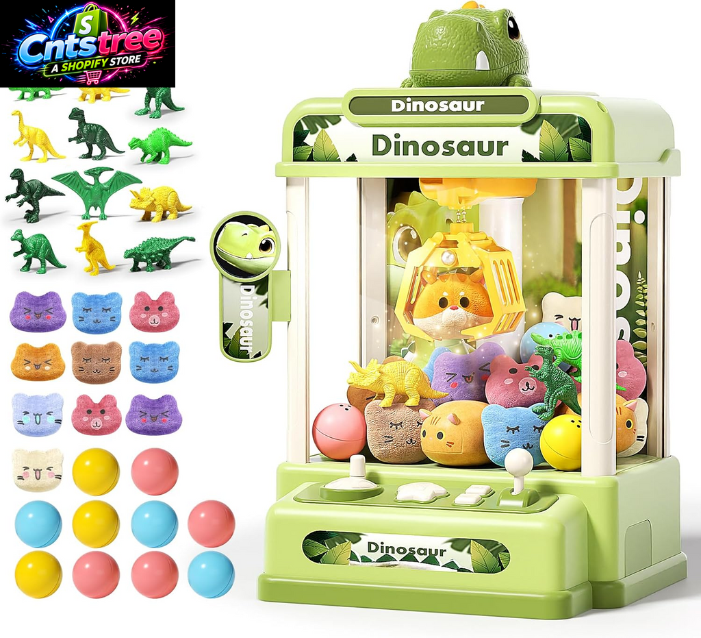 STACTCUTE 32PCS Dinosaur Claw Machine for Kids (Small) | Mini Vending Machine with Music & Adjustable Volume, Electronic Arcade Game Prize Dispenser for Birthday Toys Gifts Age 3+