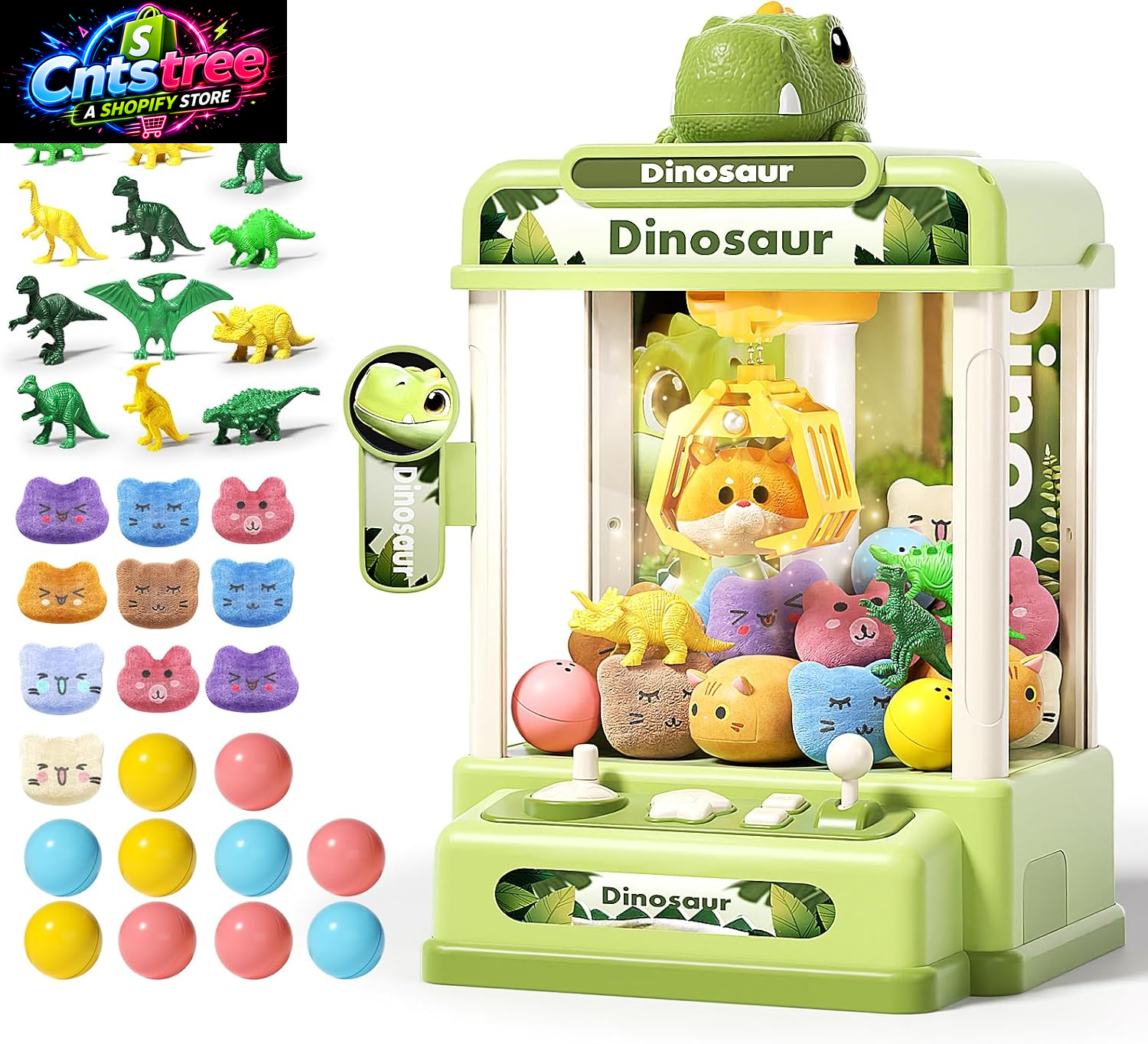 STACTCUTE 32PCS Dinosaur Claw Machine for Kids (Small) | Mini Vending Machine with Music & Adjustable Volume, Electronic Arcade Game Prize Dispenser for Birthday Toys Gifts Age 3+