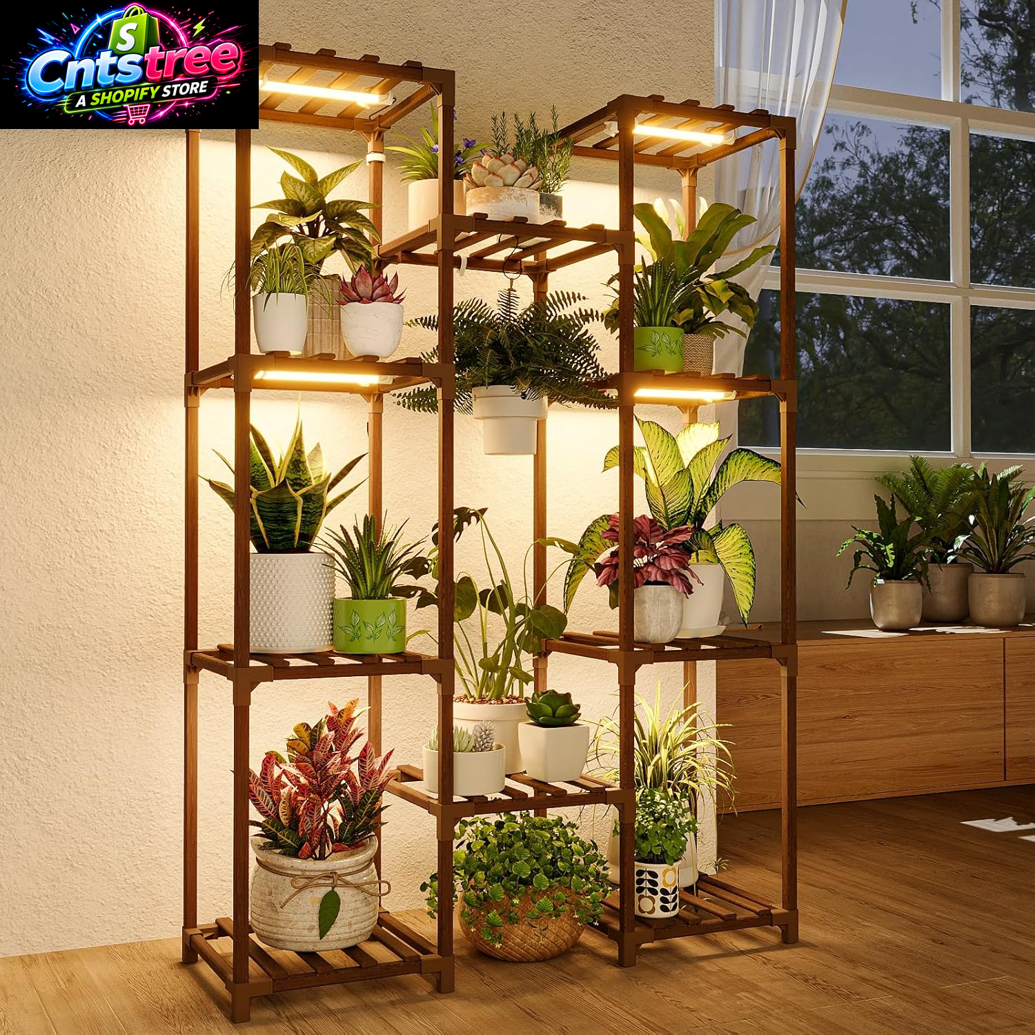 Bamworld Plant Stand with Grow Light Plant Shelf for Mutiple Pots Large Plant Holder for Living Room Patio Boho Home Decor for Gardening Warm Light
