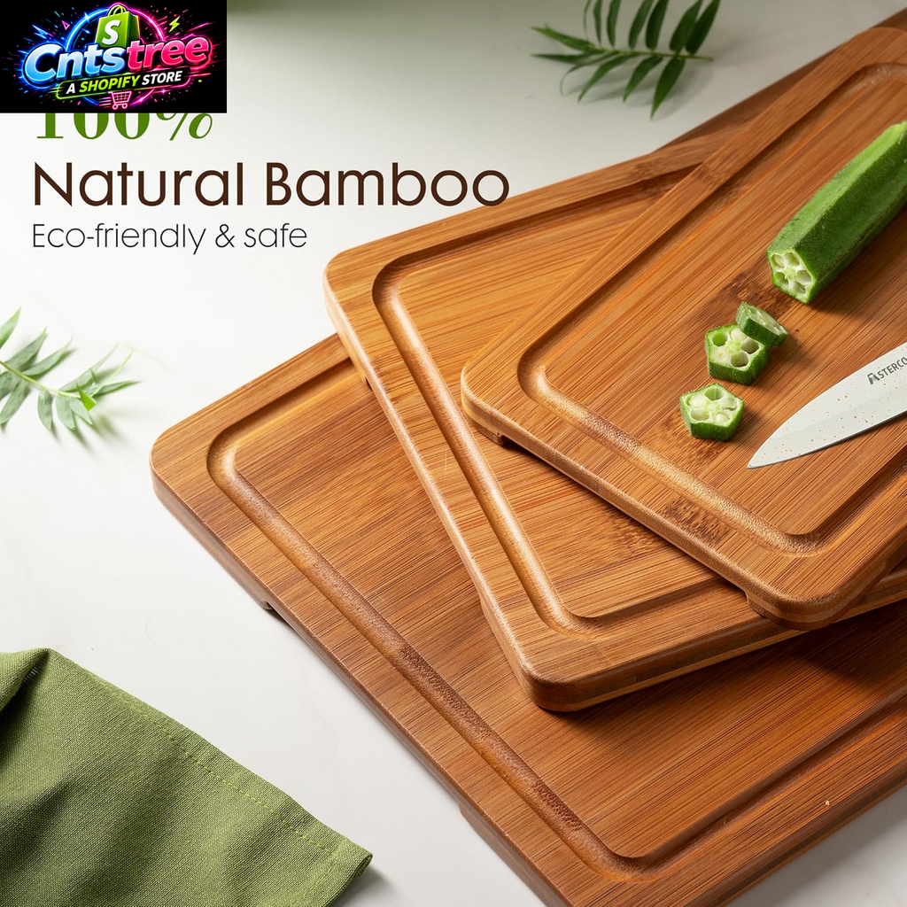 Astercook Deep-Carbonized Bamboo Cutting Boards for Kitchen with Wood Storage Stand, Reversible Charcuterie & Chopping Boards with Juice Grooves and Easy-Grip Handles, Fathers Day Gift for Men