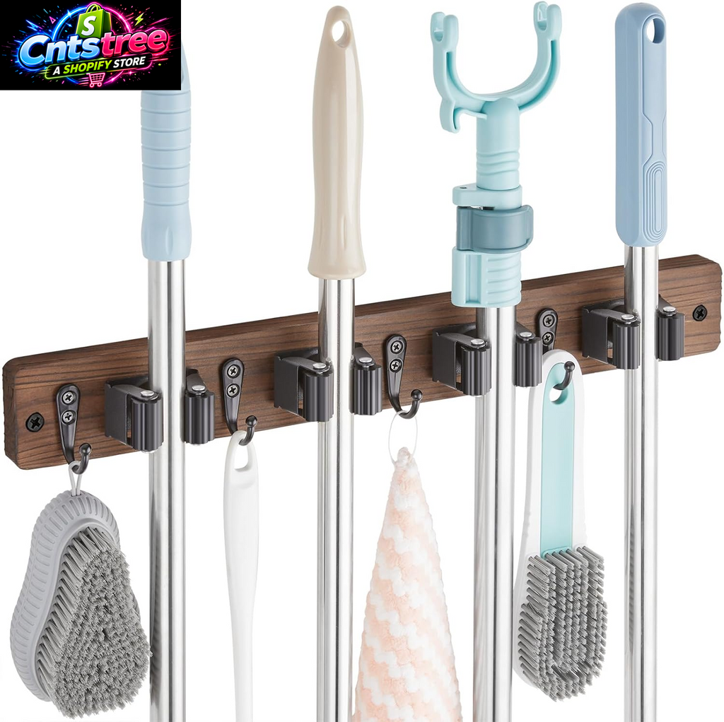 OUTNILI Mop and Broom Holder Wall Mount - Wood Broom Mop Hanger - Wall Mounted Garden Tool Rack Organizer for Closet Garage Laundry Room, Rustic Kitchen Decor with 4 Slots & 4 Hooks