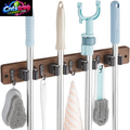 OUTNILI Mop and Broom Holder Wall Mount - Wood Broom Mop Hanger - Wall Mounted Garden Tool Rack Organizer for Closet Garage Laundry Room, Rustic Kitchen Decor with 4 Slots & 4 Hooks
