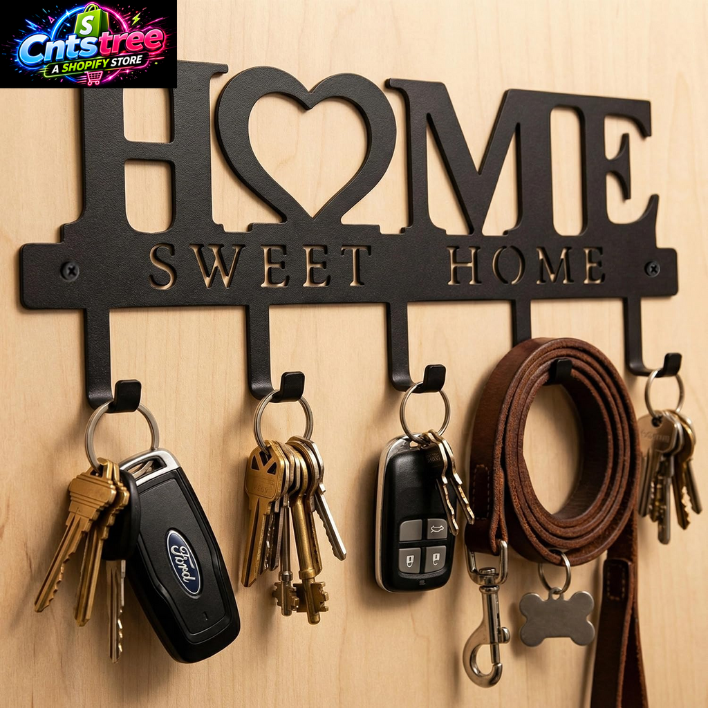 Entryway Wall Key Holder with 5 Hooks, Metal Key Rack Wall Mount for Keys, Bags and Leashes, Decorative Organizer for Entryway, Mudroom or Hallway, Sweet Home Design, 9.8 Inches, Black