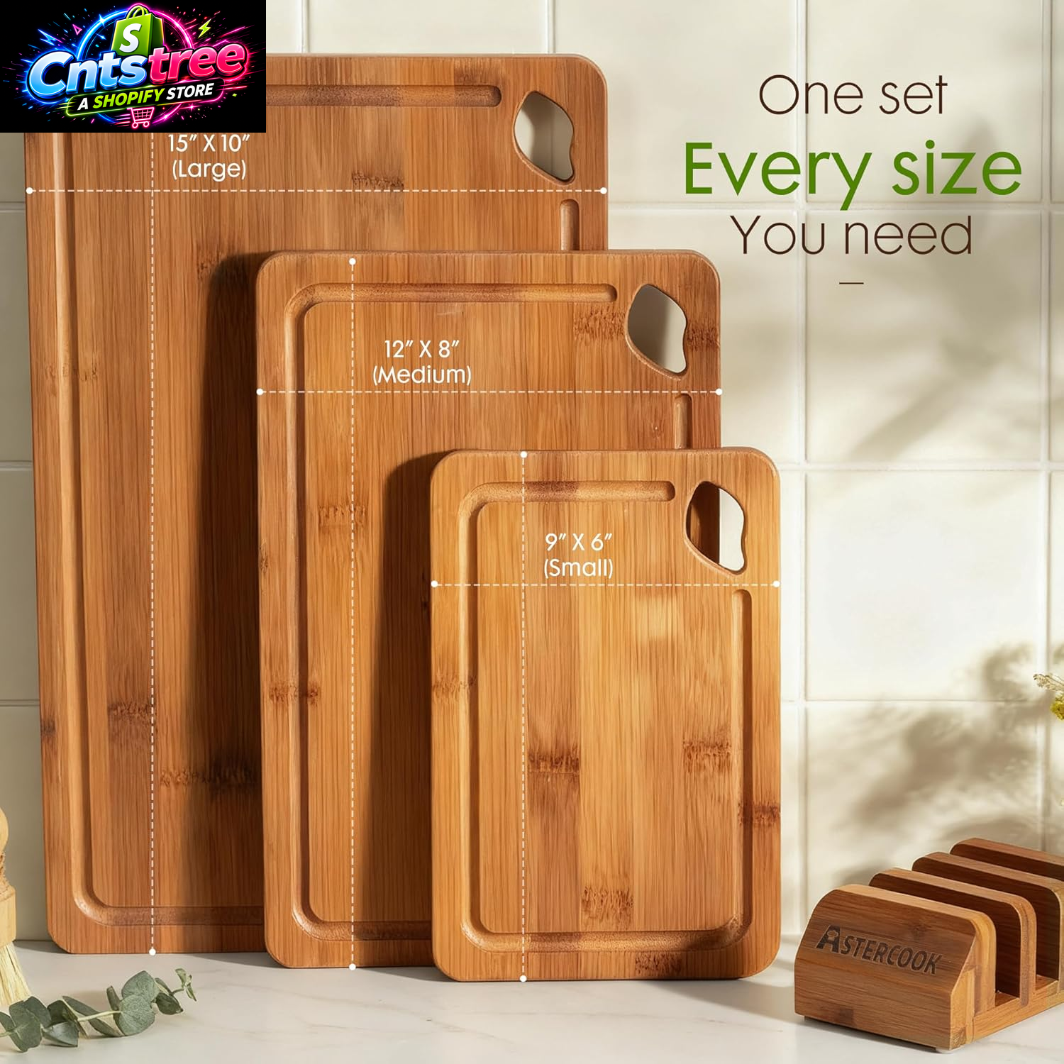 Astercook Deep-Carbonized Bamboo Cutting Boards for Kitchen with Wood Storage Stand, Reversible Charcuterie & Chopping Boards with Juice Grooves and Easy-Grip Handles, Fathers Day Gift for Men