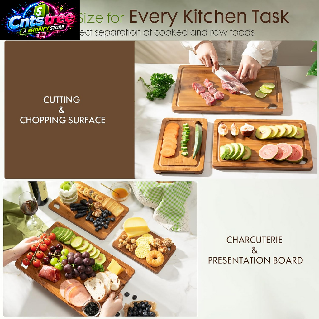 Astercook Deep-Carbonized Bamboo Cutting Boards for Kitchen with Wood Storage Stand, Reversible Charcuterie & Chopping Boards with Juice Grooves and Easy-Grip Handles, Fathers Day Gift for Men