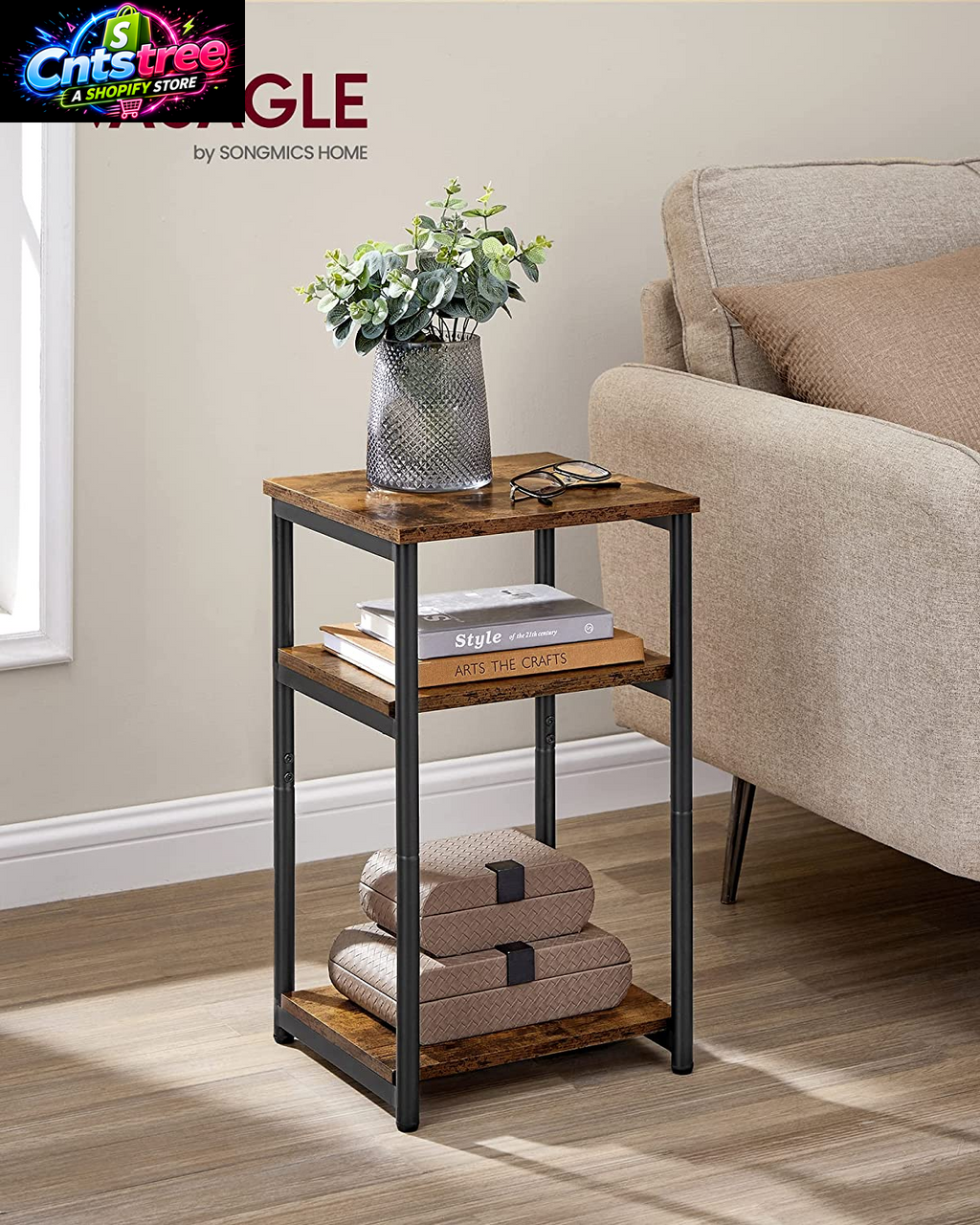 VASAGLE BARNET Collection - Side Table, Small End Table for Living Room, Modern Tall Nightstand, Bedroom, Office, Bathroom, Steel Frame, Rustic Brown and Ink Black ULET273B01