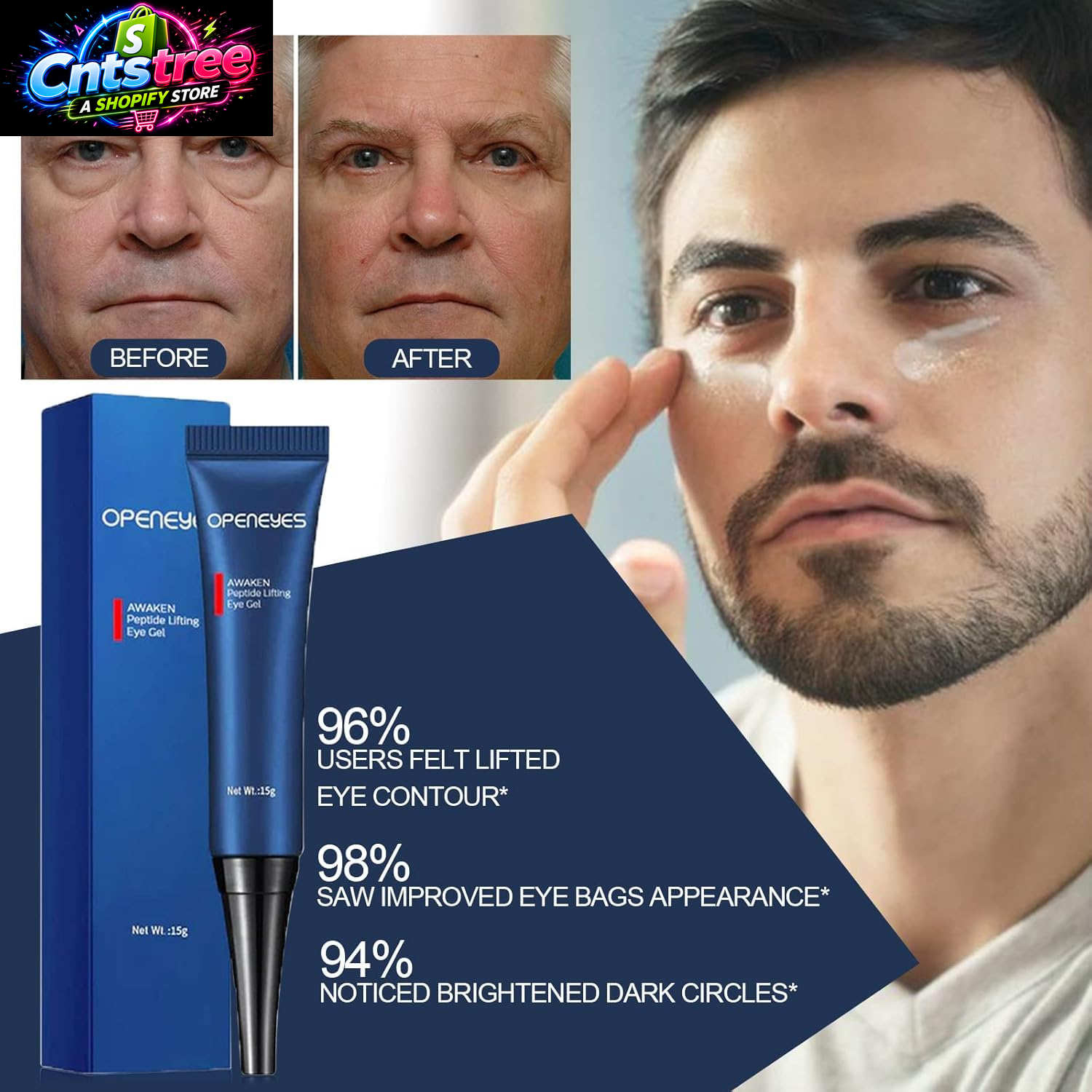 AKARY Awaken Peptide Depuffing Eye Gel, Lifts Firming Eye Tightener, Men'S Moisturizing Eye Cream Hydrating Gel Smooths under Eyes for Dark Circles, Puffiness, Fine Lines & Bags