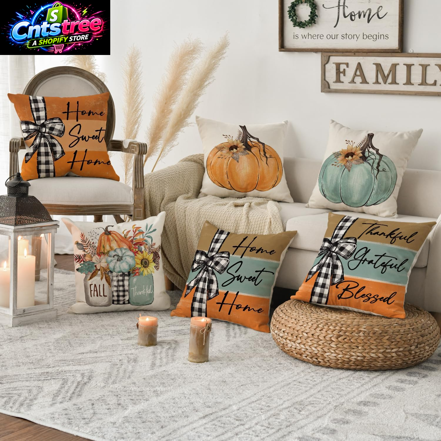 AVOIN Colorlife Fall Pumpkin Home Sweet Home Throw Pillow Covers, 18 X 18 Inch Autumn Thankful Grateful Blessed Harvest Floral Decorations for Sofa Couch Set of 4