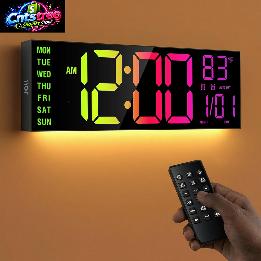 JALL 16" Large Digital Wall Mount Clock, Count down Timer, Alarm, Big LED, RGB Color, DST, Temperature for Living Room Classroom Desk, Xmas, Birthday Gift for Senior Mom Dad (Black, 16 Inches)