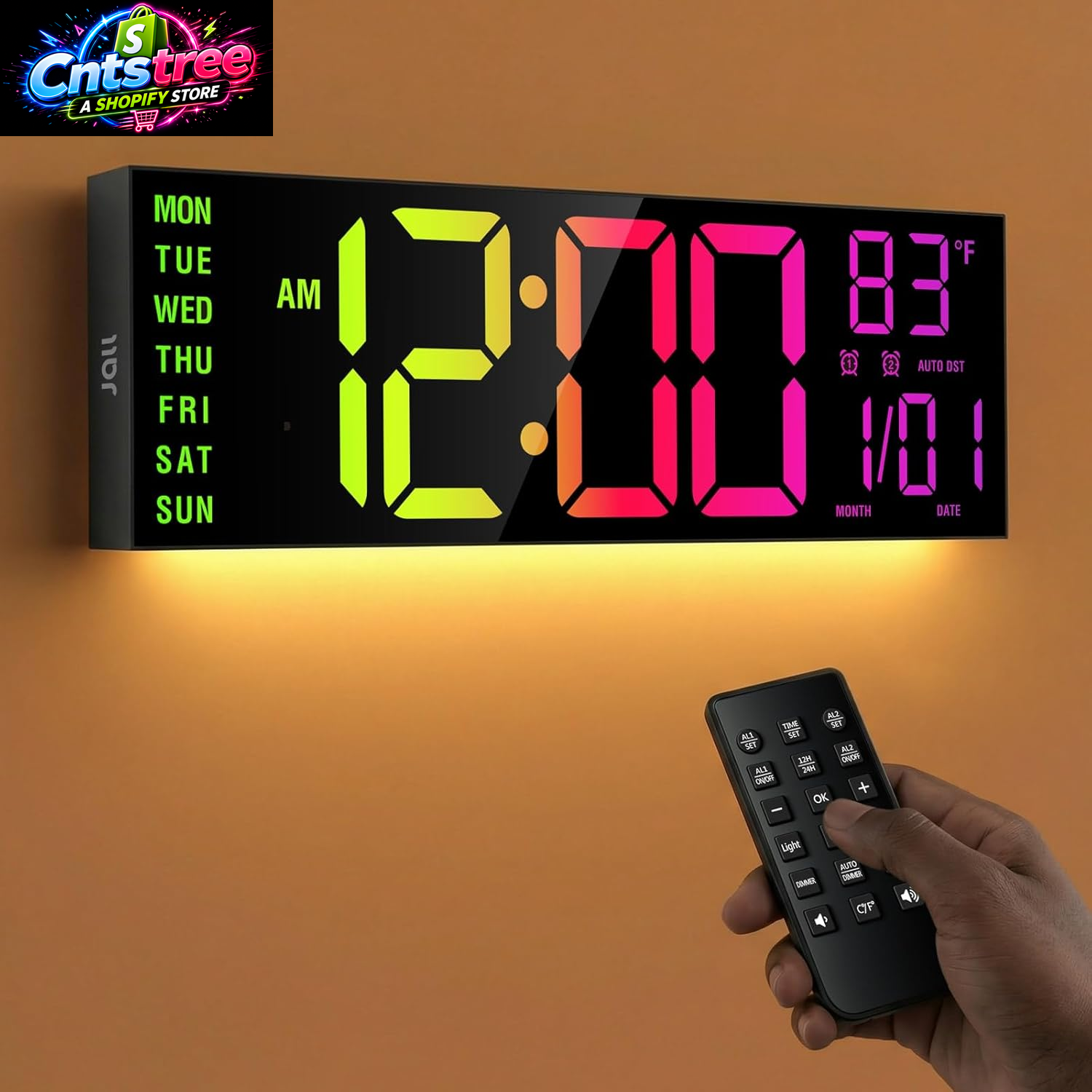 JALL 16" Large Digital Wall Mount Clock, Count down Timer, Alarm, Big LED, RGB Color, DST, Temperature for Living Room Classroom Desk, Xmas, Birthday Gift for Senior Mom Dad (Black, 16 Inches)