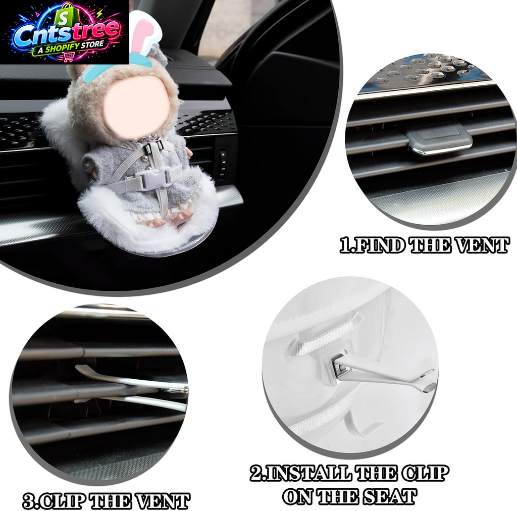 Mini Doll Car Seat for 17Cm Dolls, Clip-On Air Vent Safety Seat with Soft Plush Cushion and ABS Base, Cute Car Decoration & Display Stand for Collectors and Toy Fans, White