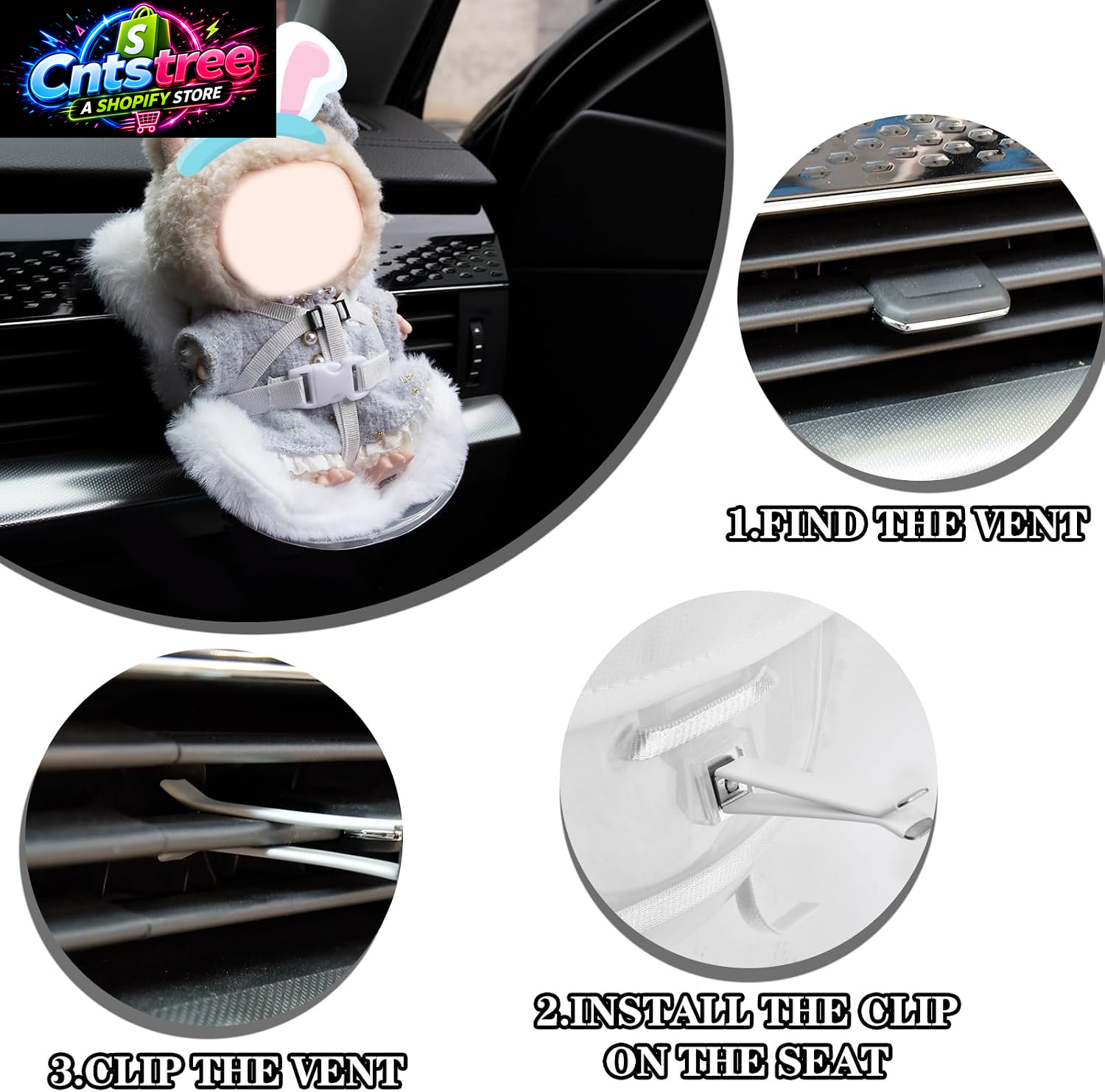 Mini Doll Car Seat for 17Cm Dolls, Clip-On Air Vent Safety Seat with Soft Plush Cushion and ABS Base, Cute Car Decoration & Display Stand for Collectors and Toy Fans, White