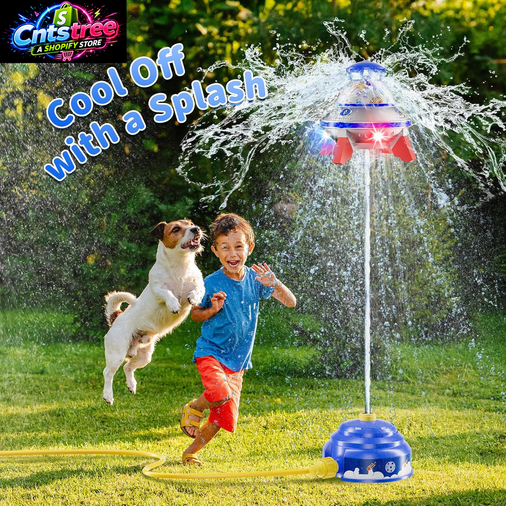 UFO Water Sprinkler for Kids, Spinning Outdoor Water Rocket Toy with Lights | Adjustable Spray Height, DIY Space Stickers, Backyard Lawn Splash Play, Summer Party Gift for Boys & Girls Ages 3-12