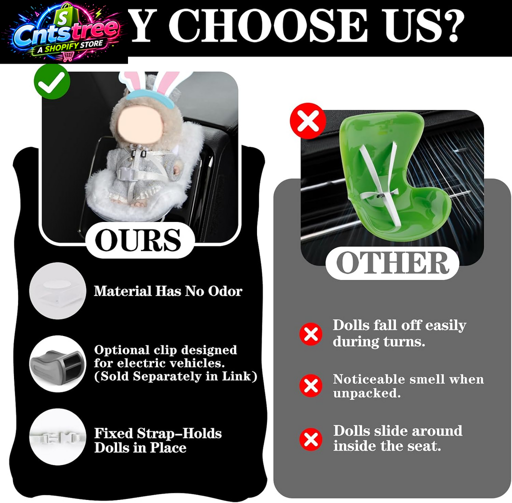 Mini Doll Car Seat for 17Cm Dolls, Clip-On Air Vent Safety Seat with Soft Plush Cushion and ABS Base, Cute Car Decoration & Display Stand for Collectors and Toy Fans, White