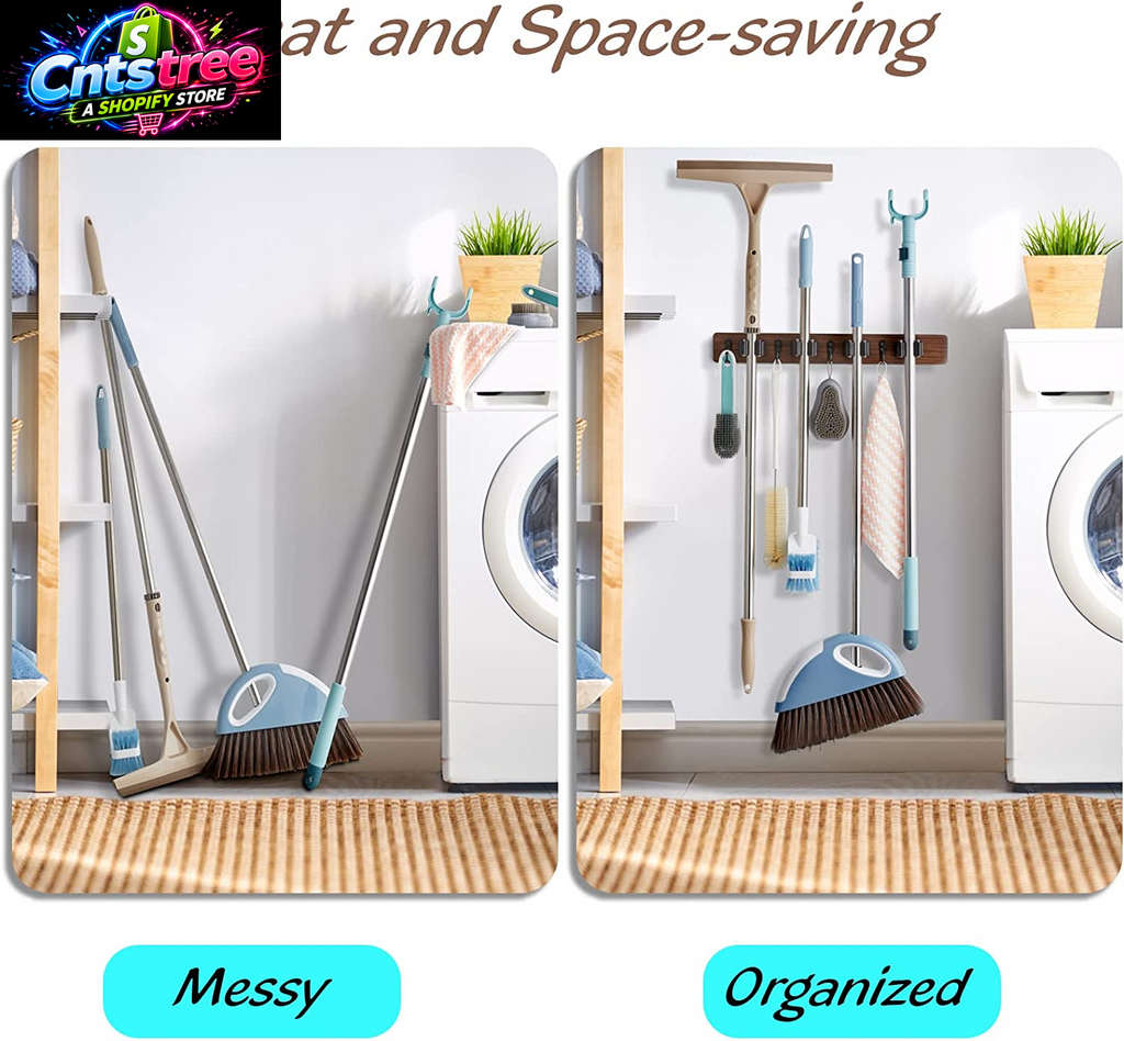 OUTNILI Mop and Broom Holder Wall Mount - Wood Broom Mop Hanger - Wall Mounted Garden Tool Rack Organizer for Closet Garage Laundry Room, Rustic Kitchen Decor with 4 Slots & 4 Hooks