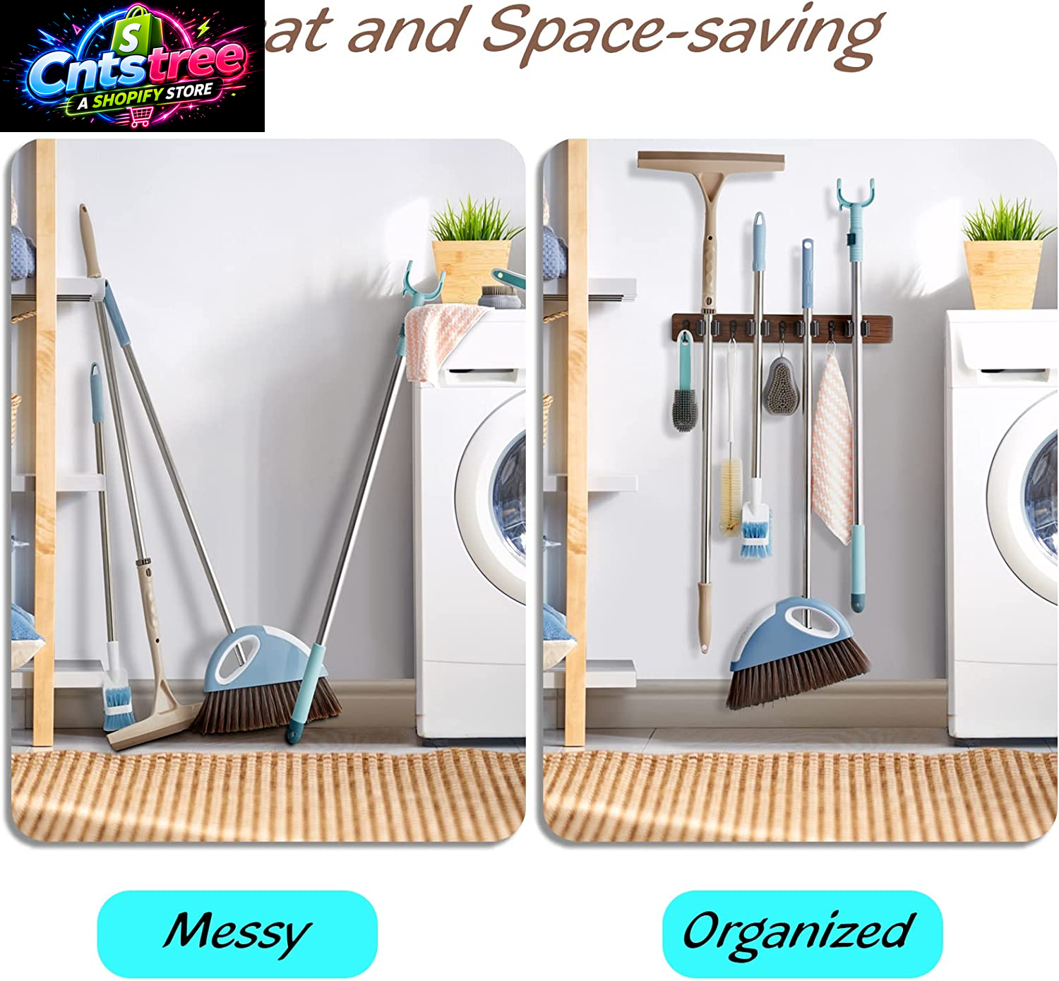 OUTNILI Mop and Broom Holder Wall Mount - Wood Broom Mop Hanger - Wall Mounted Garden Tool Rack Organizer for Closet Garage Laundry Room, Rustic Kitchen Decor with 4 Slots & 4 Hooks