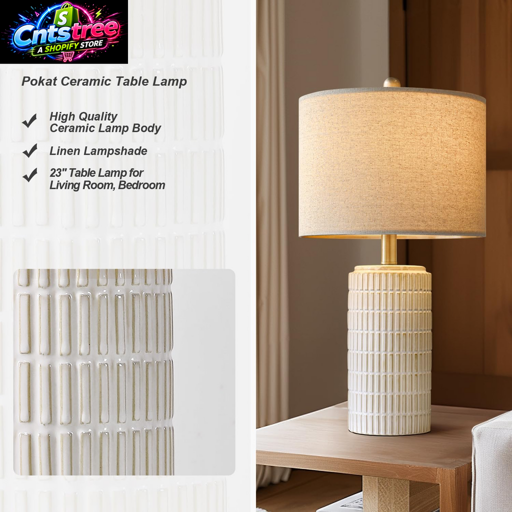 Pokat 23" Modern Ceramic Table Lamp Set of 2 for Living Room White Desk Lamps for Bedroom Farmhouse Bedside Nightstand Lamp House Warming Gifts New Home Decor End Table Lamps Gifts for Women Mom Beige