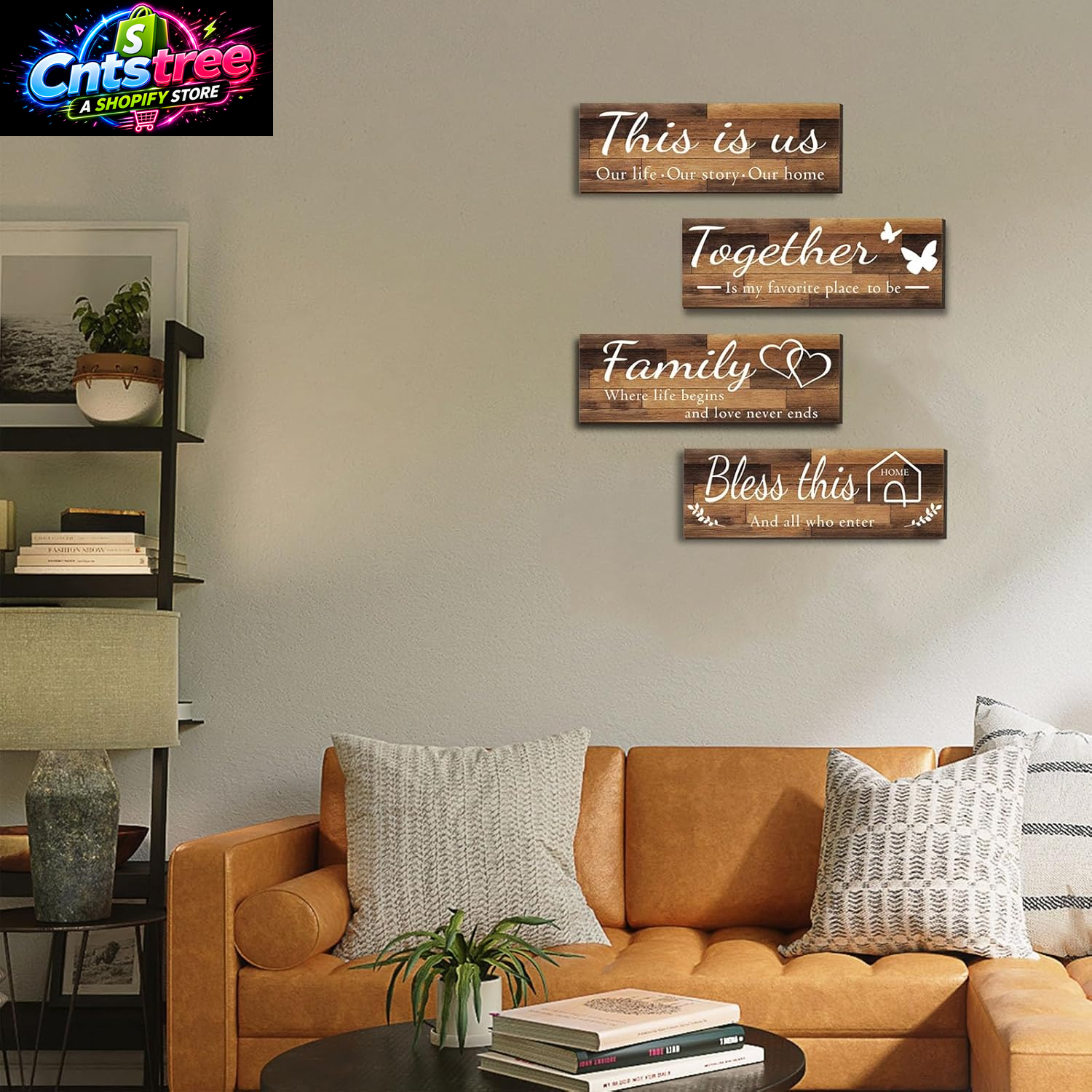 4 Pieces Home Wall Signs, THIS IS US/TOGETHER/BLESS THIS HOME/FAMILY Wall Decor for Living Room Bedroom, Rustic Wooden Farmhouse Wall Art , 4.7 X 13.8 Inch(Brown)