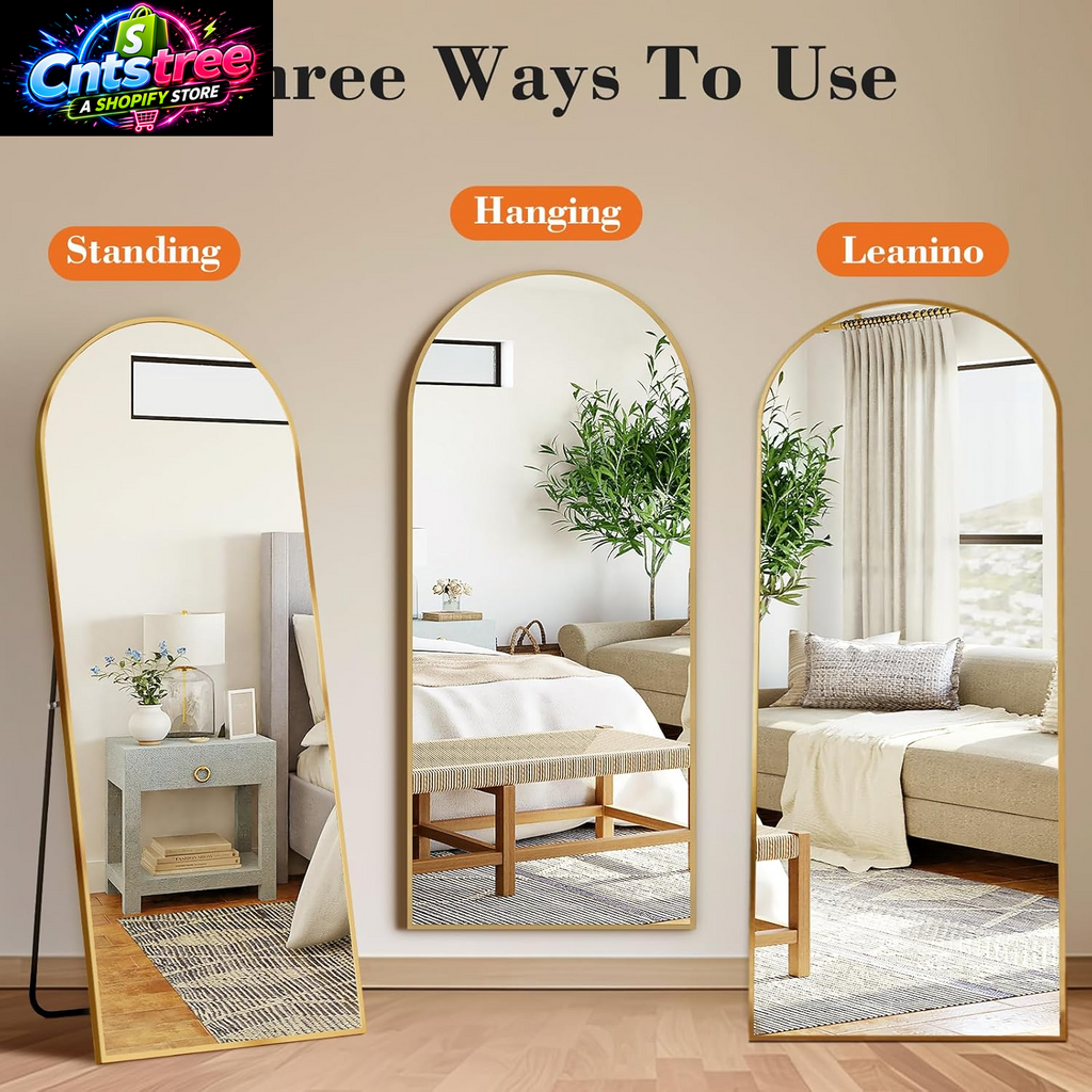 DUMOS 64"X21" Arched Full Length Floor Mirror, Full Body Mirror with Stand, Shatterproof Tempered Glass, Modern Aluminum Alloy Frame, Free Standing or Leaning for Home Decor, Gold