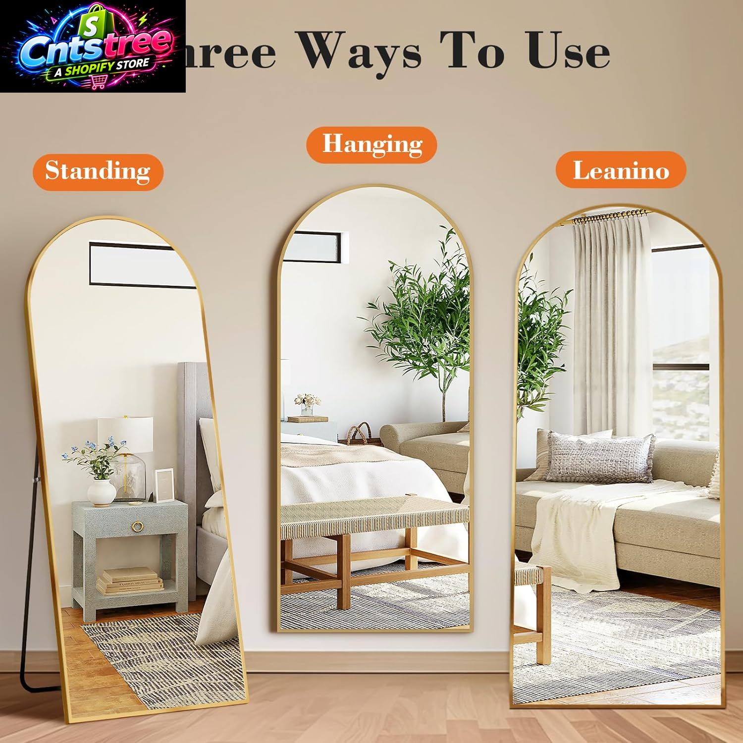 DUMOS 64"X21" Arched Full Length Floor Mirror, Full Body Mirror with Stand, Shatterproof Tempered Glass, Modern Aluminum Alloy Frame, Free Standing or Leaning for Home Decor, Gold