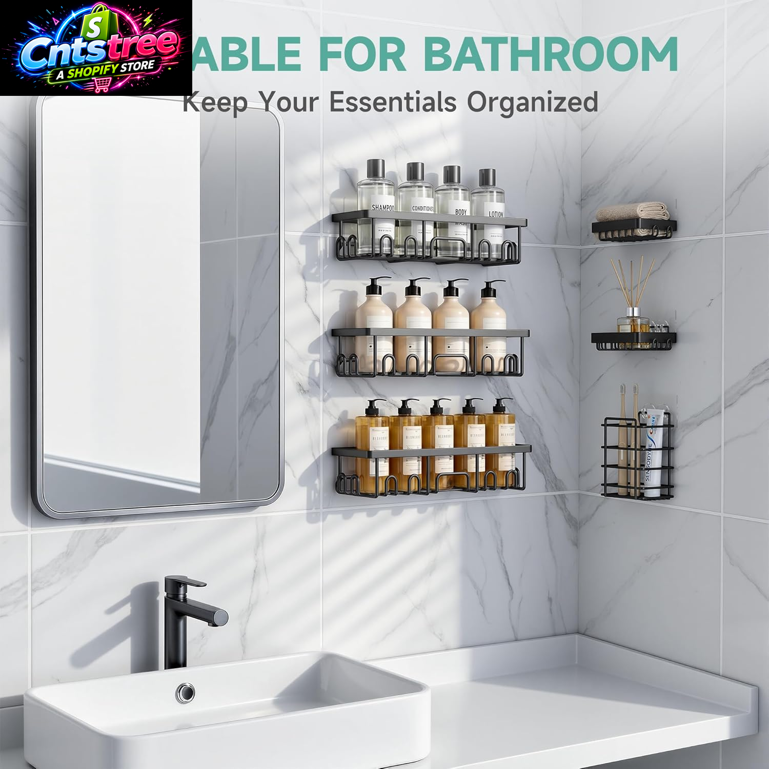 Veken Shower Caddy 6-Pack, Advanced Rustproof Design, No Drilling Adhesive Shelves, Rack with Soap Holder, Large Capacity Bathroom Organizers and Storage, Wall-Mounted Kitchen & Home Decor
