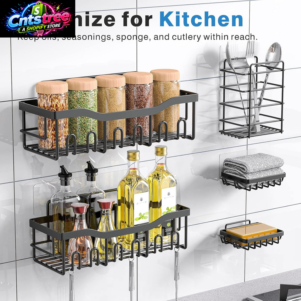 EUDELE Adhesive Shower Caddy, 5 Pack Rustproof Stainless Steel Bath Organizers with Large Capacity, No Drilling Shelves for Bathroom Storage & Home Decor