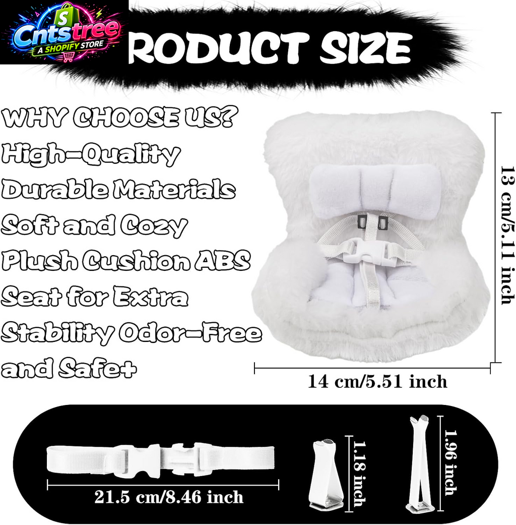 Mini Doll Car Seat for 17Cm Dolls, Clip-On Air Vent Safety Seat with Soft Plush Cushion and ABS Base, Cute Car Decoration & Display Stand for Collectors and Toy Fans, White