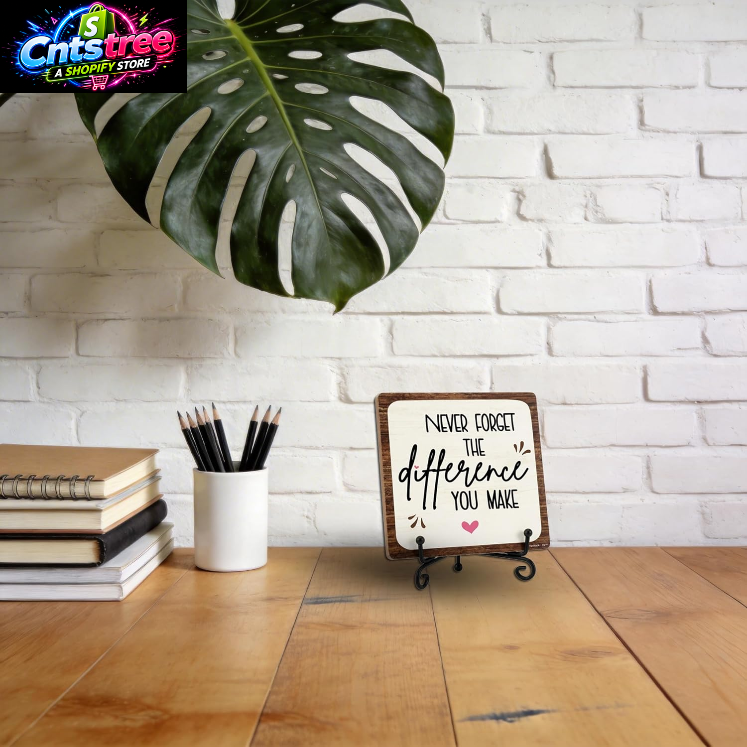 5X5 Inch Inspirational Office Decor – “Never Forget the Difference You Make” Wooden Plaque with Metal Stand,Motivational Desk Decor for for Women & Men, Teacher Desk & Home Office, 2604