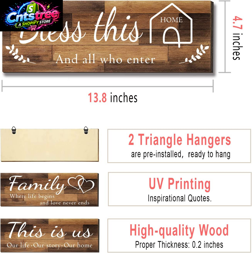 4 Pieces Home Wall Signs, THIS IS US/TOGETHER/BLESS THIS HOME/FAMILY Wall Decor for Living Room Bedroom, Rustic Wooden Farmhouse Wall Art , 4.7 X 13.8 Inch(Brown)