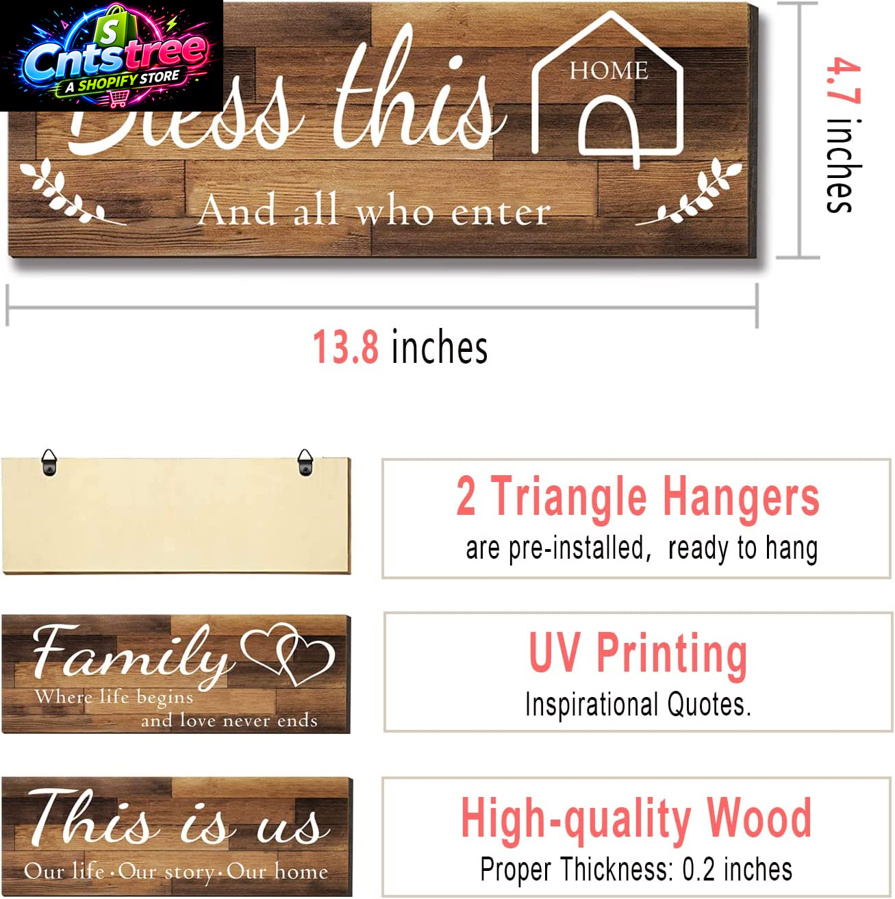 4 Pieces Home Wall Signs, THIS IS US/TOGETHER/BLESS THIS HOME/FAMILY Wall Decor for Living Room Bedroom, Rustic Wooden Farmhouse Wall Art , 4.7 X 13.8 Inch(Brown)