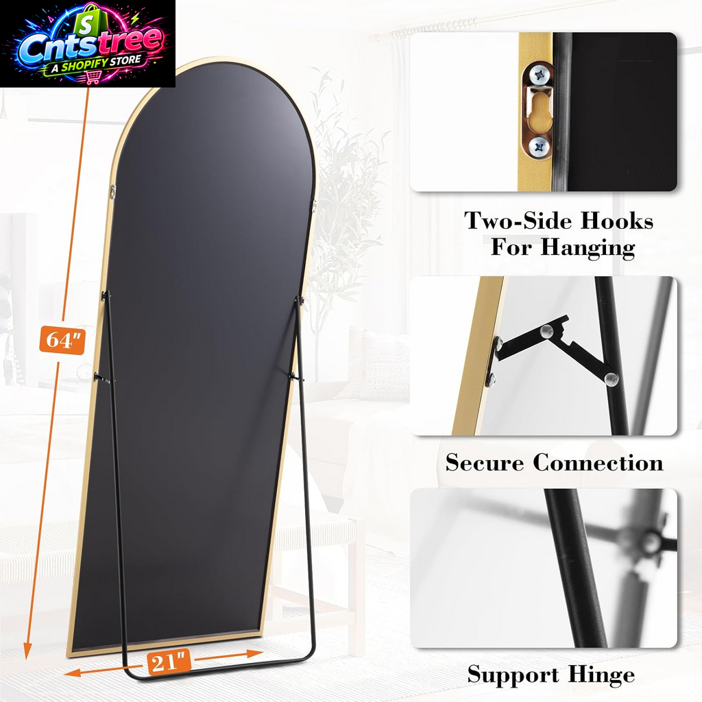 DUMOS 64"X21" Arched Full Length Floor Mirror, Full Body Mirror with Stand, Shatterproof Tempered Glass, Modern Aluminum Alloy Frame, Free Standing or Leaning for Home Decor, Gold