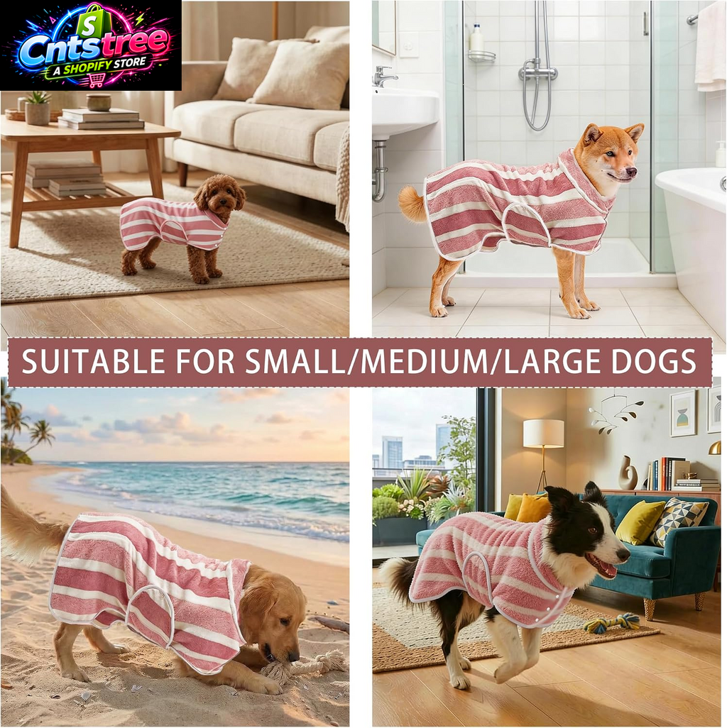 Fast Drying Dog Bathrobe, Super Absorbent Stripes Dogs Towel, Adjustable Warm Keeping Pet Puppy Bath Supplies (Red, M)