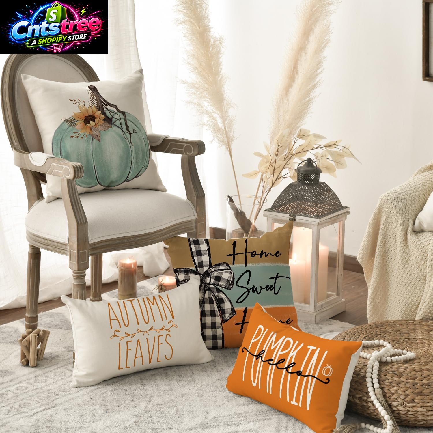 AVOIN Colorlife Fall Pumpkin Home Sweet Home Throw Pillow Covers, 18 X 18 Inch Autumn Thankful Grateful Blessed Harvest Floral Decorations for Sofa Couch Set of 4