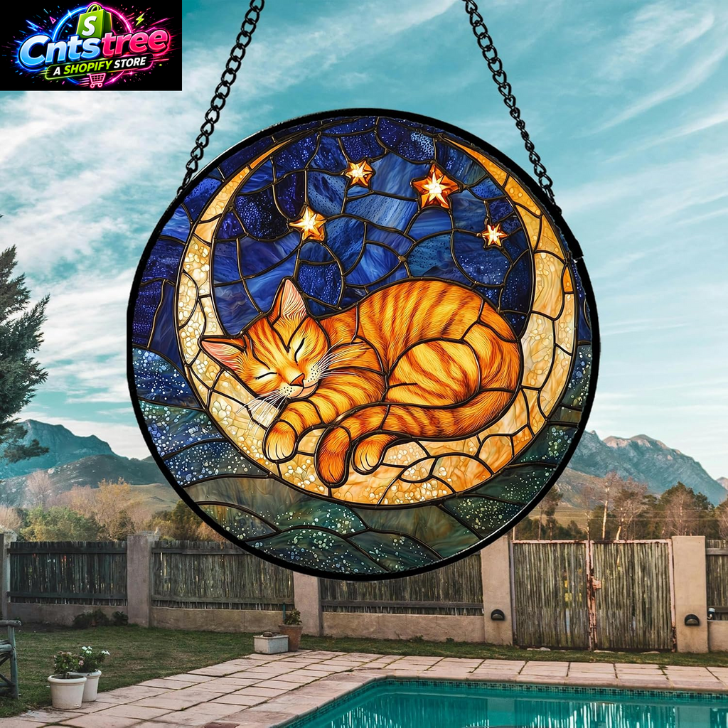 Stained Glass Window Hanging - Orange Moon Sleeping Cat Sun Catcher for Door Home Decor Blue Starry Sky Suncatcher Christmas Mother'S Day Birthday Gifts for Women Men Mom Nana 6.3 In