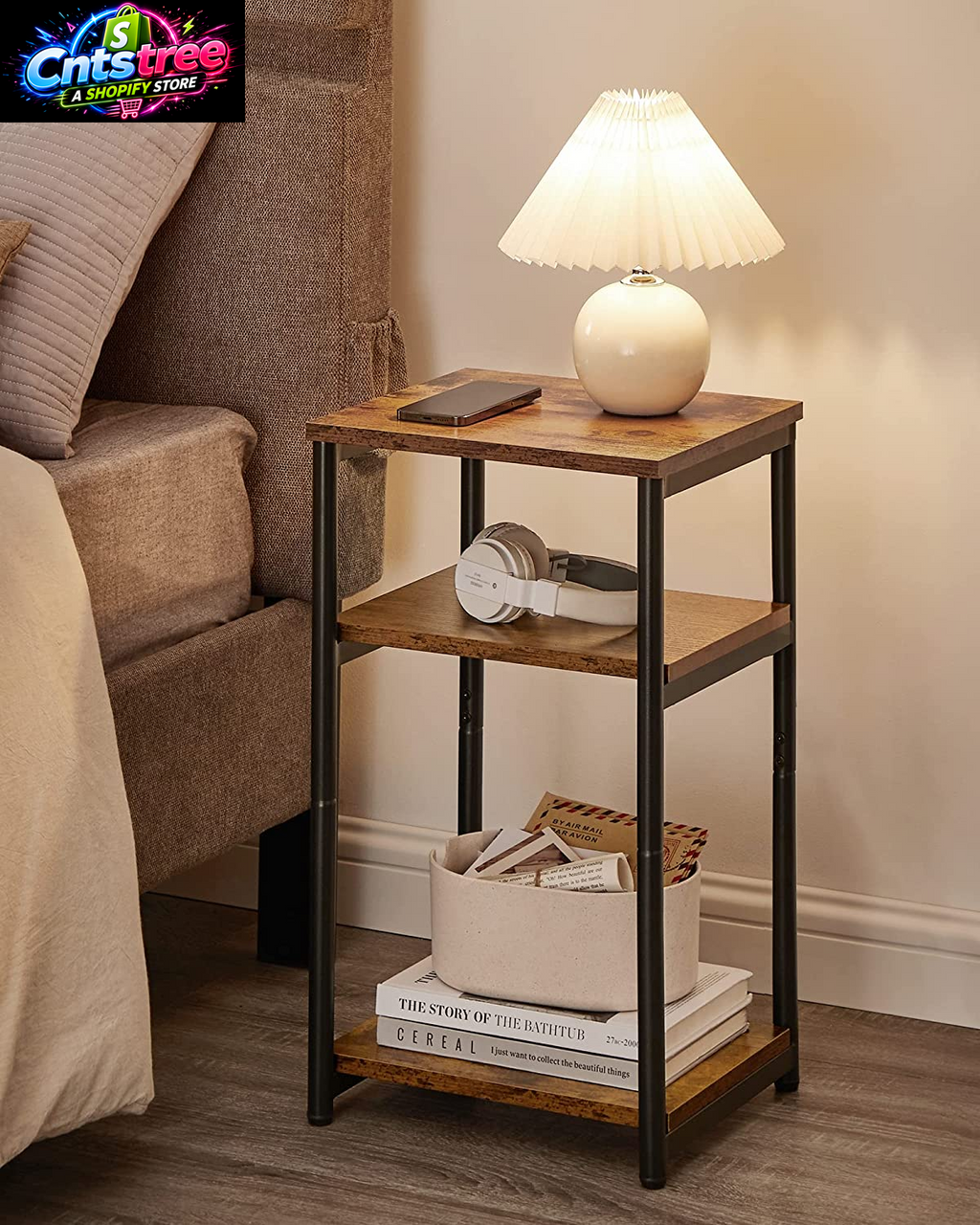VASAGLE BARNET Collection - Side Table, Small End Table for Living Room, Modern Tall Nightstand, Bedroom, Office, Bathroom, Steel Frame, Rustic Brown and Ink Black ULET273B01