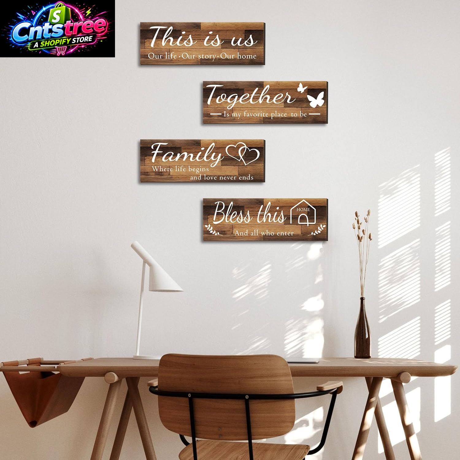 4 Pieces Home Wall Signs, THIS IS US/TOGETHER/BLESS THIS HOME/FAMILY Wall Decor for Living Room Bedroom, Rustic Wooden Farmhouse Wall Art , 4.7 X 13.8 Inch(Brown)