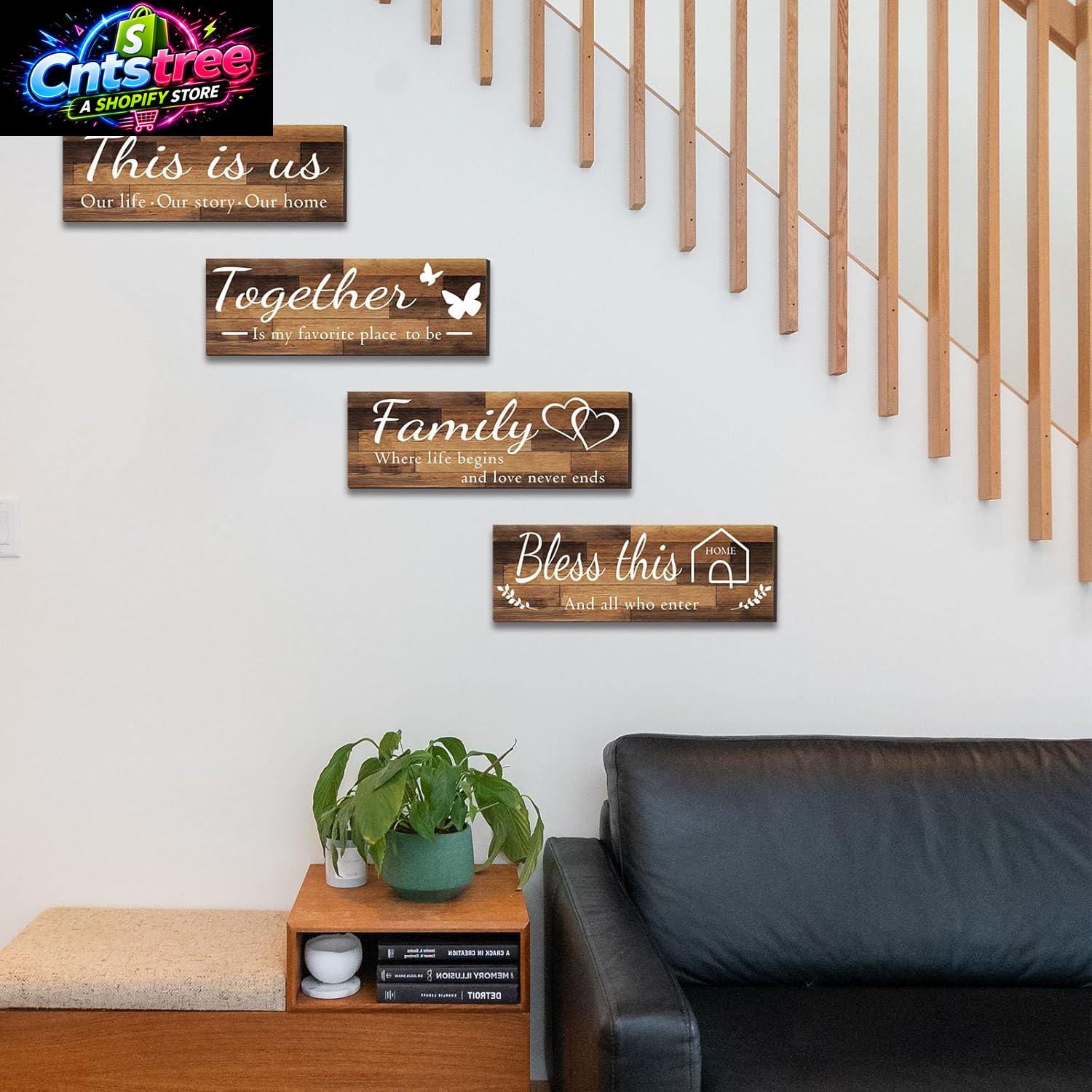4 Pieces Home Wall Signs, THIS IS US/TOGETHER/BLESS THIS HOME/FAMILY Wall Decor for Living Room Bedroom, Rustic Wooden Farmhouse Wall Art , 4.7 X 13.8 Inch(Brown)