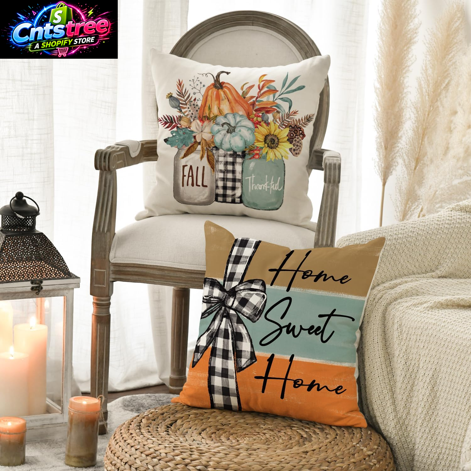 AVOIN Colorlife Fall Pumpkin Home Sweet Home Throw Pillow Covers, 18 X 18 Inch Autumn Thankful Grateful Blessed Harvest Floral Decorations for Sofa Couch Set of 4
