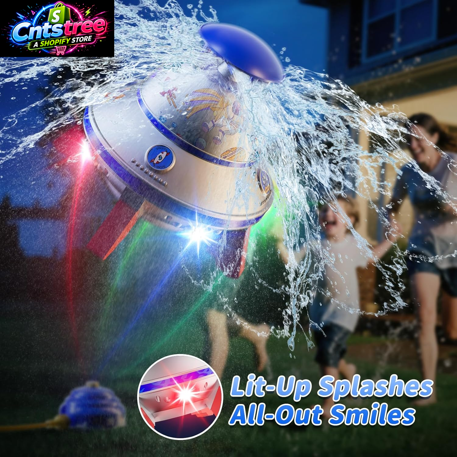 UFO Water Sprinkler for Kids, Spinning Outdoor Water Rocket Toy with Lights | Adjustable Spray Height, DIY Space Stickers, Backyard Lawn Splash Play, Summer Party Gift for Boys & Girls Ages 3-12