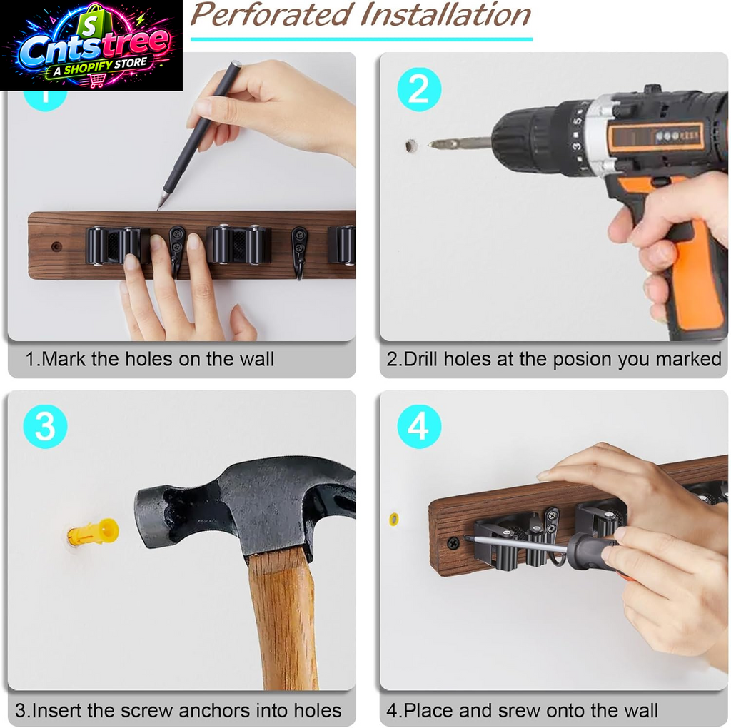OUTNILI Mop and Broom Holder Wall Mount - Wood Broom Mop Hanger - Wall Mounted Garden Tool Rack Organizer for Closet Garage Laundry Room, Rustic Kitchen Decor with 4 Slots & 4 Hooks