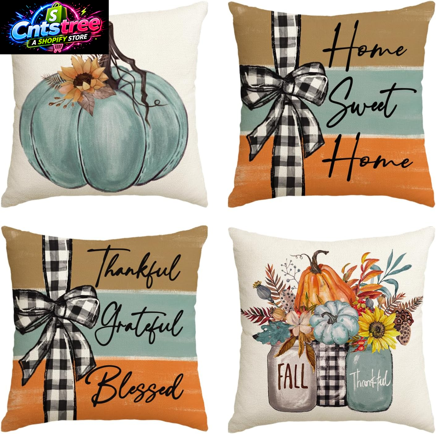 AVOIN Colorlife Fall Pumpkin Home Sweet Home Throw Pillow Covers, 18 X 18 Inch Autumn Thankful Grateful Blessed Harvest Floral Decorations for Sofa Couch Set of 4