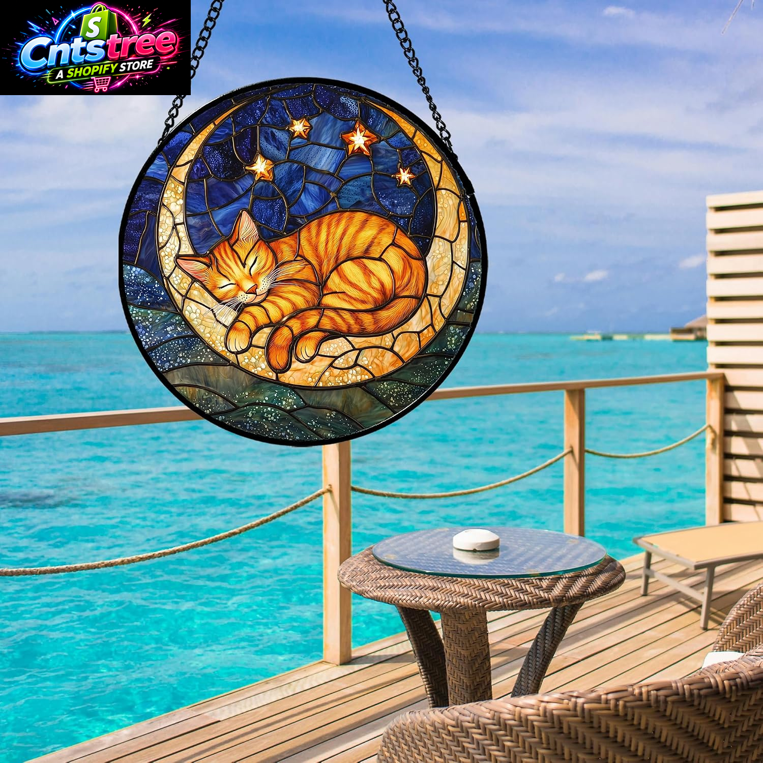 Stained Glass Window Hanging - Orange Moon Sleeping Cat Sun Catcher for Door Home Decor Blue Starry Sky Suncatcher Christmas Mother'S Day Birthday Gifts for Women Men Mom Nana 6.3 In