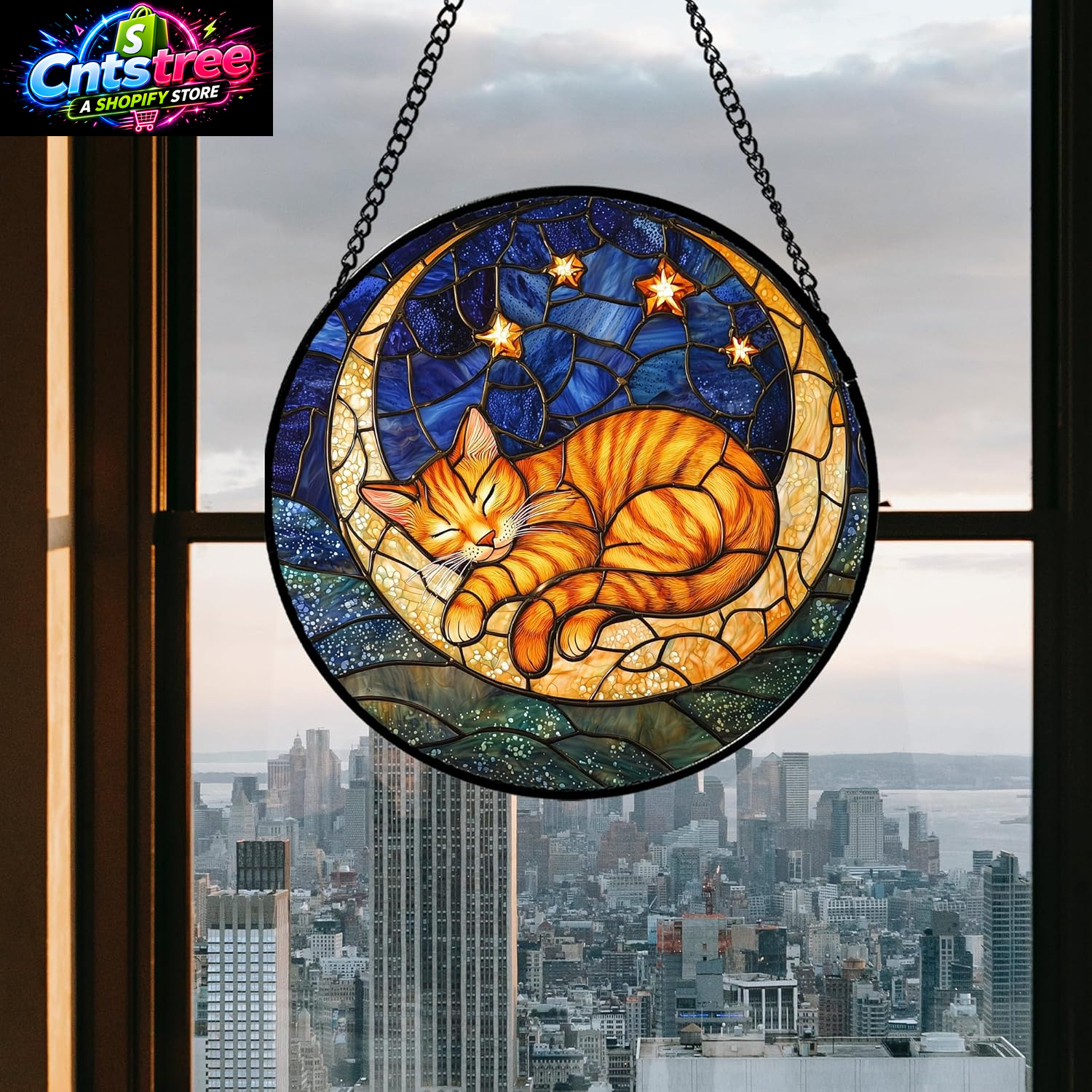 Stained Glass Window Hanging - Orange Moon Sleeping Cat Sun Catcher for Door Home Decor Blue Starry Sky Suncatcher Christmas Mother'S Day Birthday Gifts for Women Men Mom Nana 6.3 In