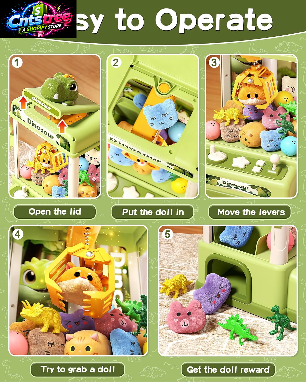 STACTCUTE 32PCS Dinosaur Claw Machine for Kids (Small) | Mini Vending Machine with Music & Adjustable Volume, Electronic Arcade Game Prize Dispenser for Birthday Toys Gifts Age 3+