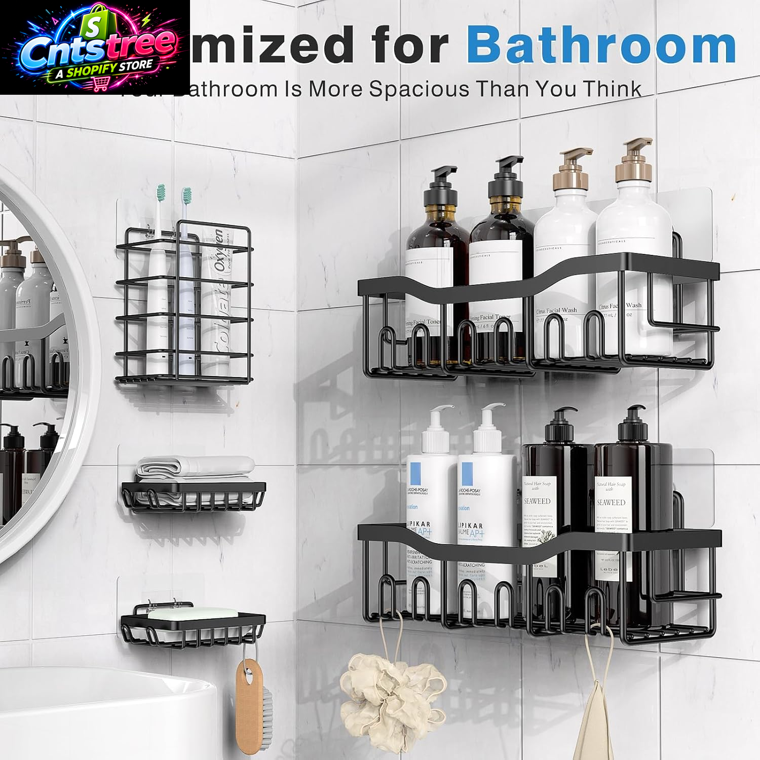 EUDELE Adhesive Shower Caddy, 5 Pack Rustproof Stainless Steel Bath Organizers with Large Capacity, No Drilling Shelves for Bathroom Storage & Home Decor