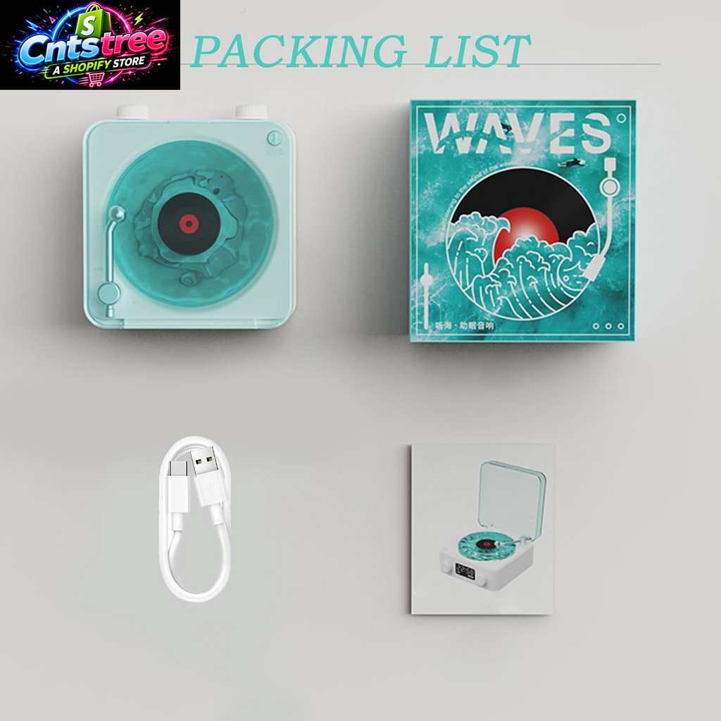 The Waves Vinyl Player, Waves Bluetooth Speaker, Portable Vintage Vinyl Speaker with Adjustable Light and Time for Bedroom, Party, White