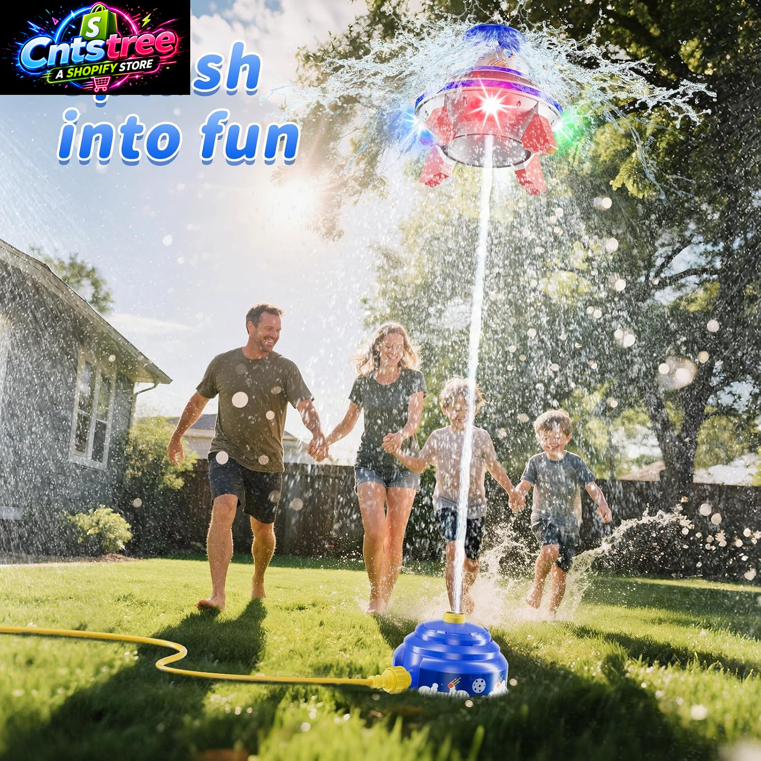 UFO Water Sprinkler for Kids, Spinning Outdoor Water Rocket Toy with Lights | Adjustable Spray Height, DIY Space Stickers, Backyard Lawn Splash Play, Summer Party Gift for Boys & Girls Ages 3-12