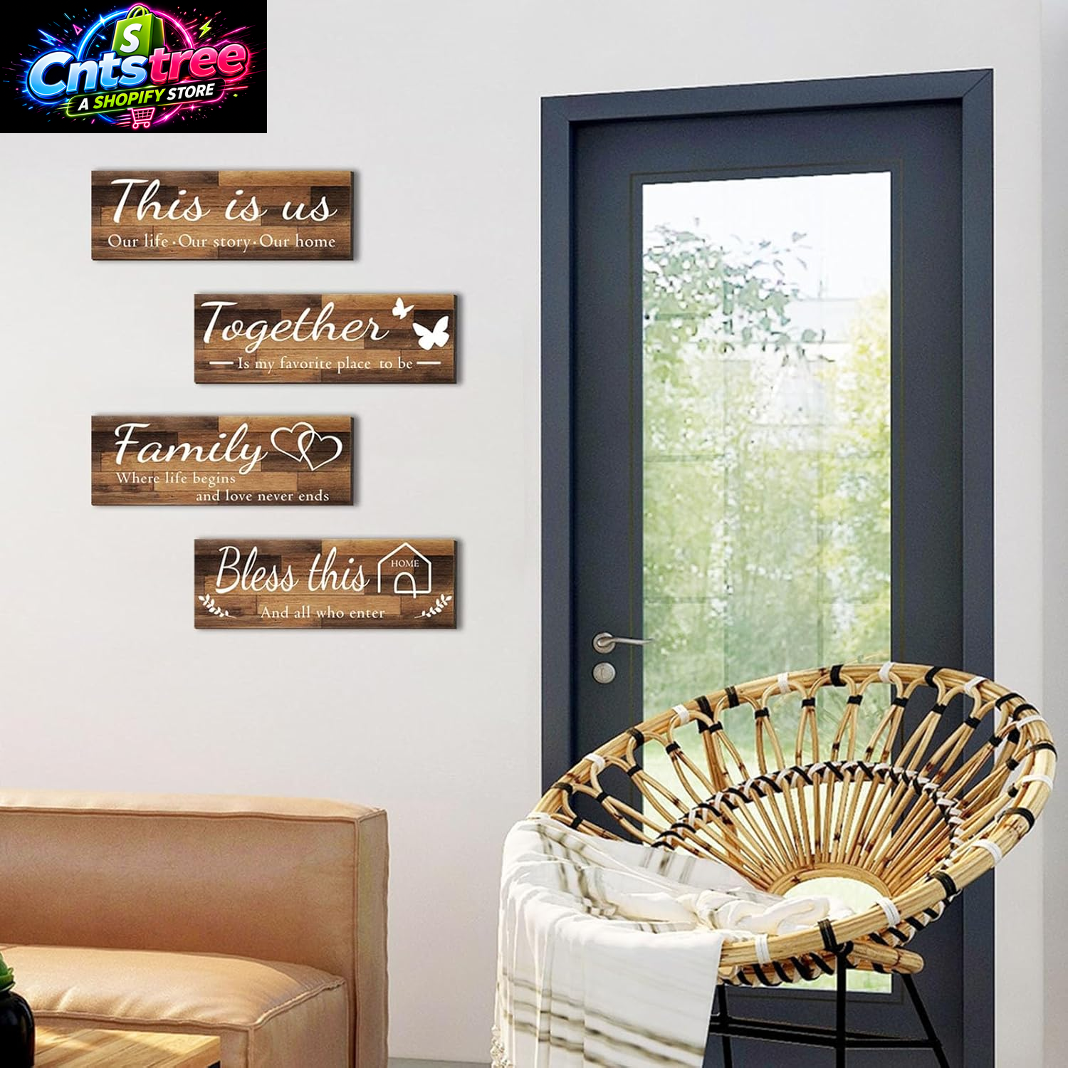 4 Pieces Home Wall Signs, THIS IS US/TOGETHER/BLESS THIS HOME/FAMILY Wall Decor for Living Room Bedroom, Rustic Wooden Farmhouse Wall Art , 4.7 X 13.8 Inch(Brown)