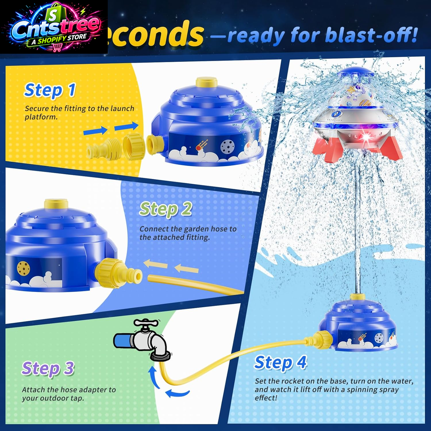 UFO Water Sprinkler for Kids, Spinning Outdoor Water Rocket Toy with Lights | Adjustable Spray Height, DIY Space Stickers, Backyard Lawn Splash Play, Summer Party Gift for Boys & Girls Ages 3-12