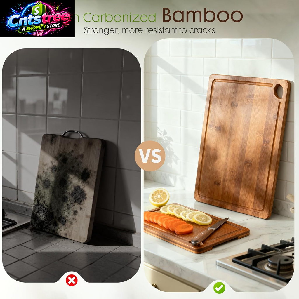 Astercook Deep-Carbonized Bamboo Cutting Boards for Kitchen with Wood Storage Stand, Reversible Charcuterie & Chopping Boards with Juice Grooves and Easy-Grip Handles, Fathers Day Gift for Men